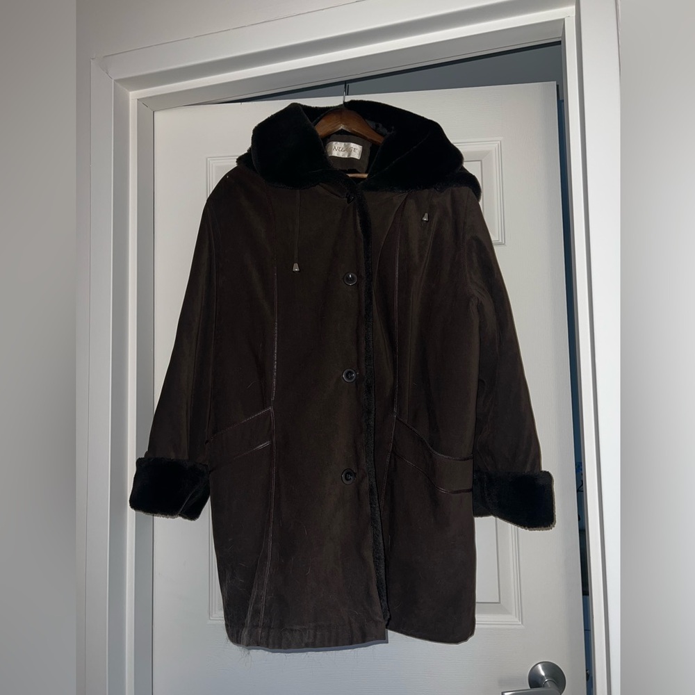 Classic Women's Dark Brown Suede Hooded Coat